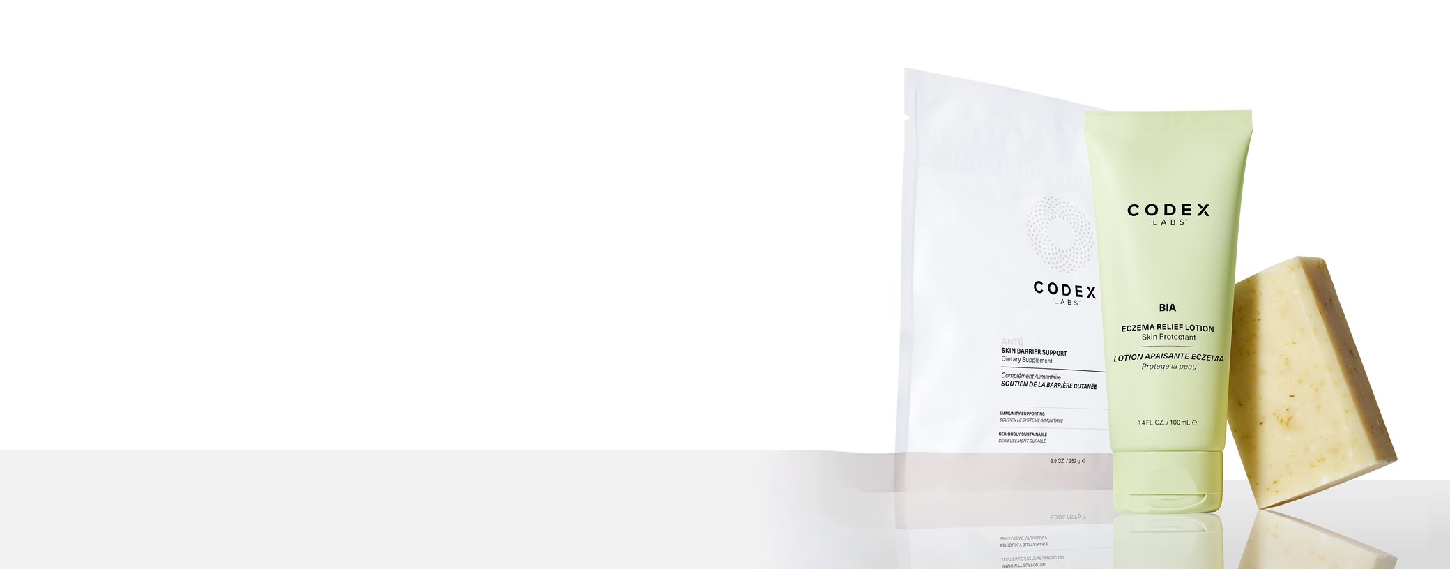 Eczema prone skin products on a white background.