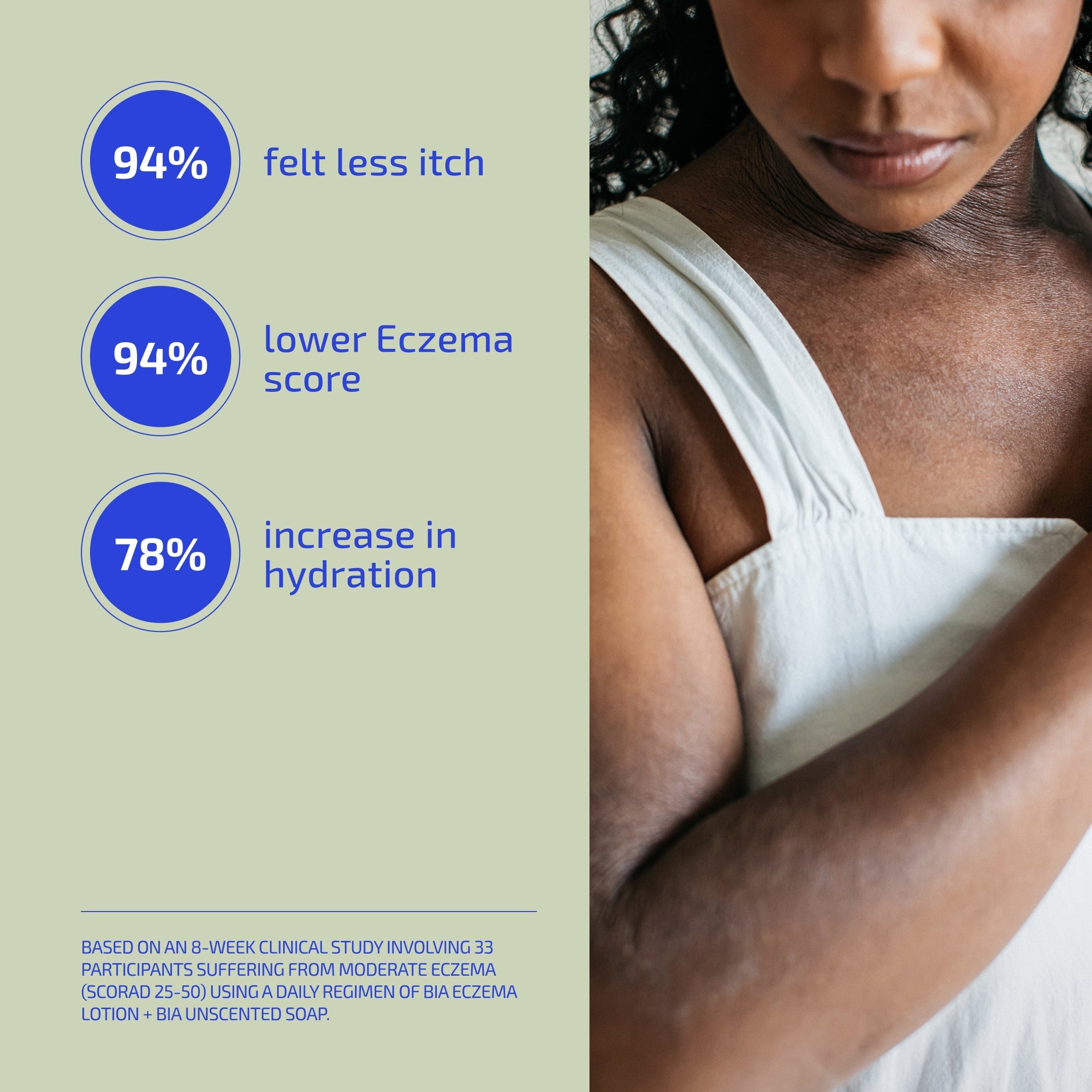 Woman with eczema showing skincare benefits with text on a green background