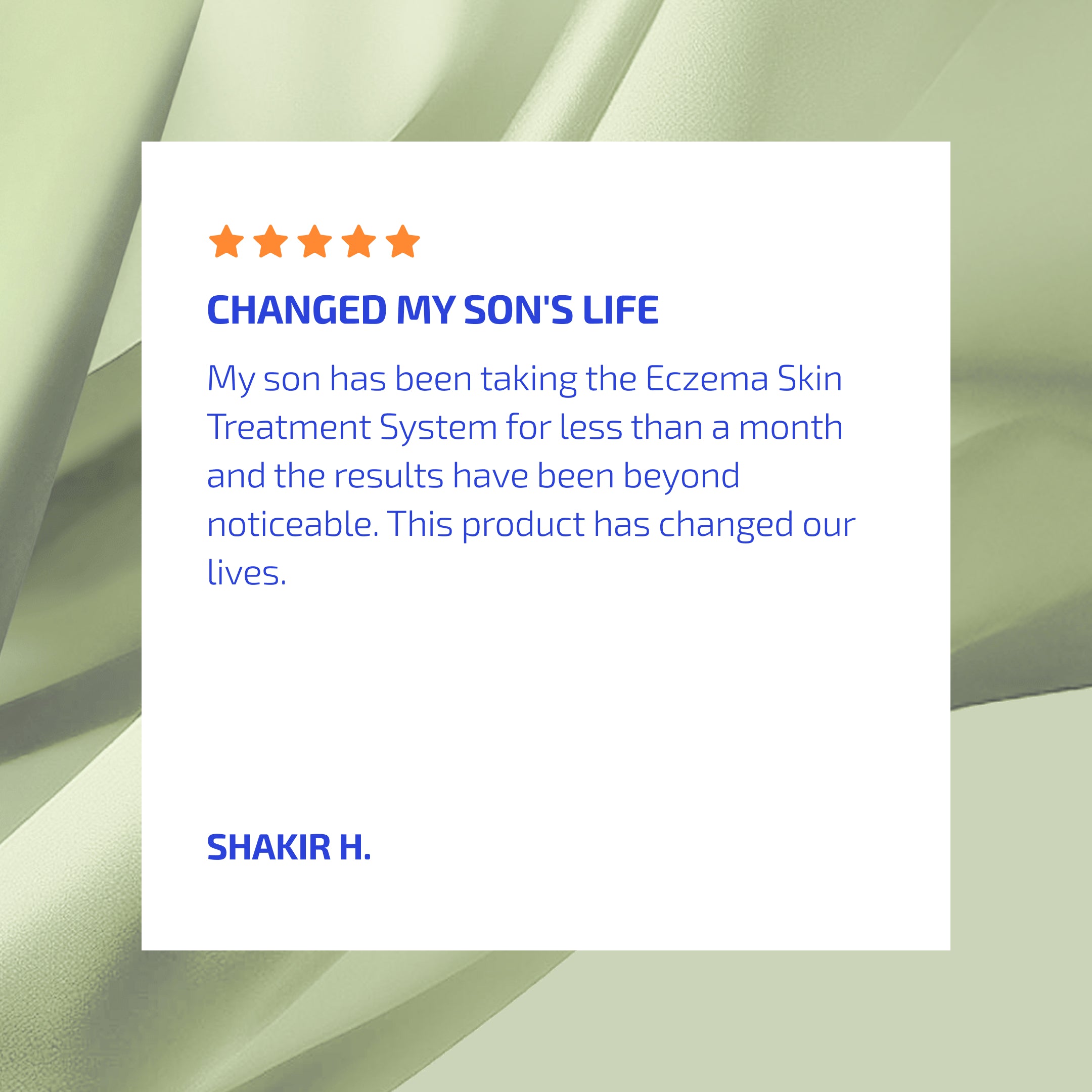 Product review card with five-star rating and text on a light green abstract background