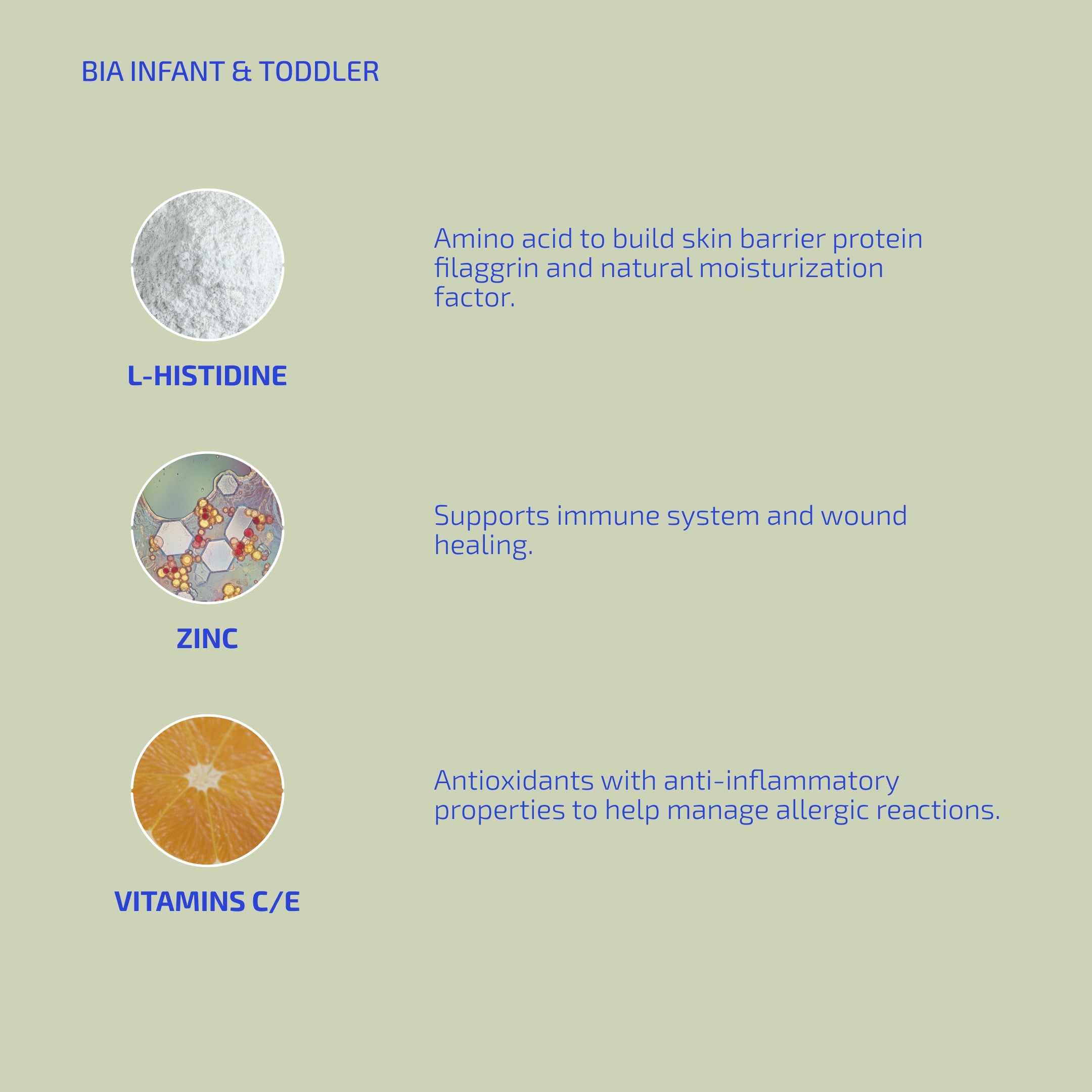 Diagram of BIA Infant & Toddler ingredients with text on a green background