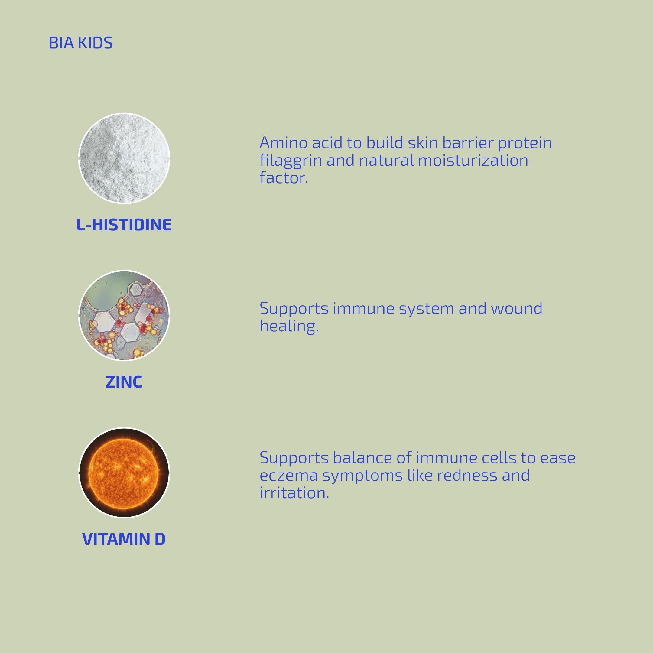 Diagram of BIA KIDS ingredients with L-Histidine, Zinc, and Vitamin D on a light green background.