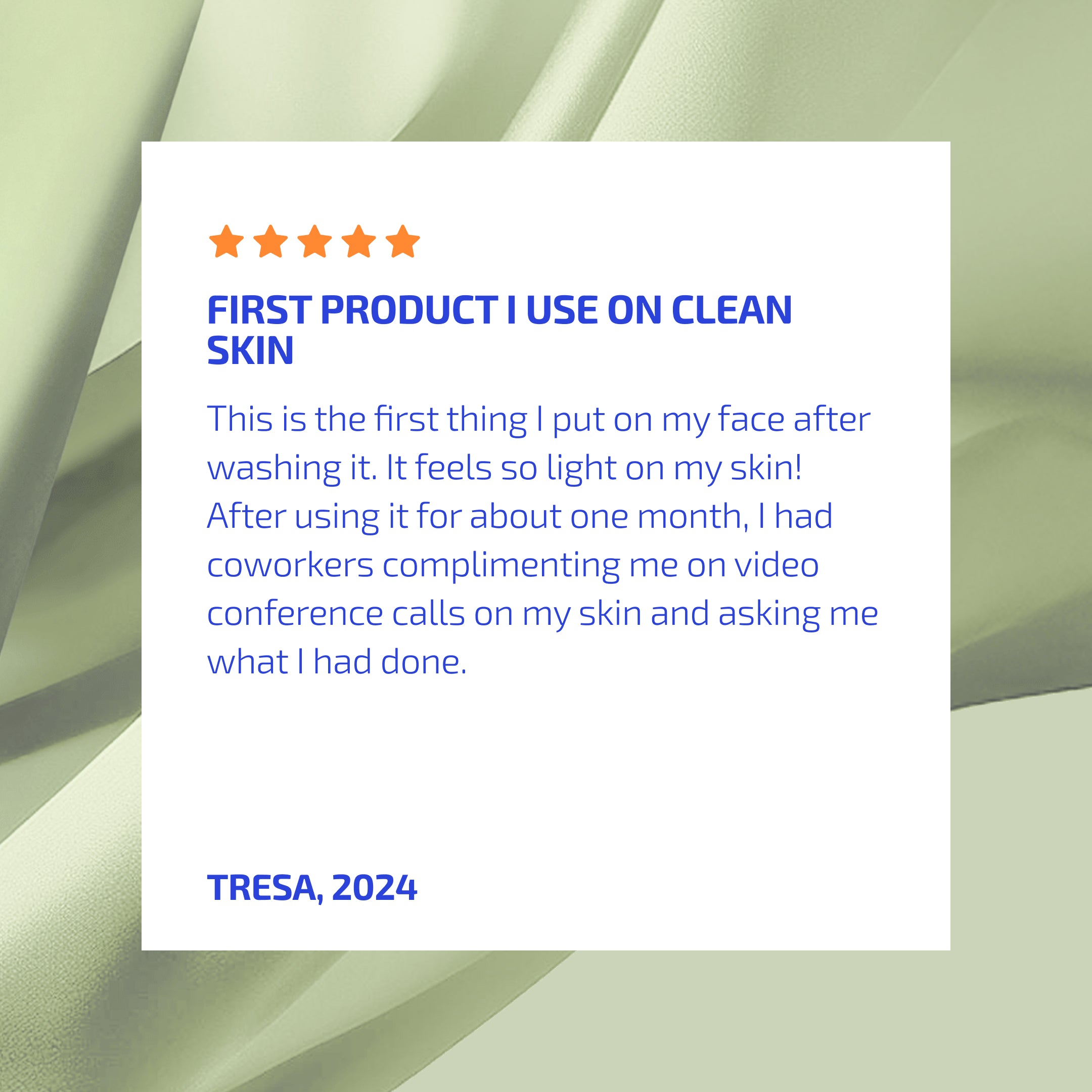 Product review card with five-star rating and text on a light green abstract background