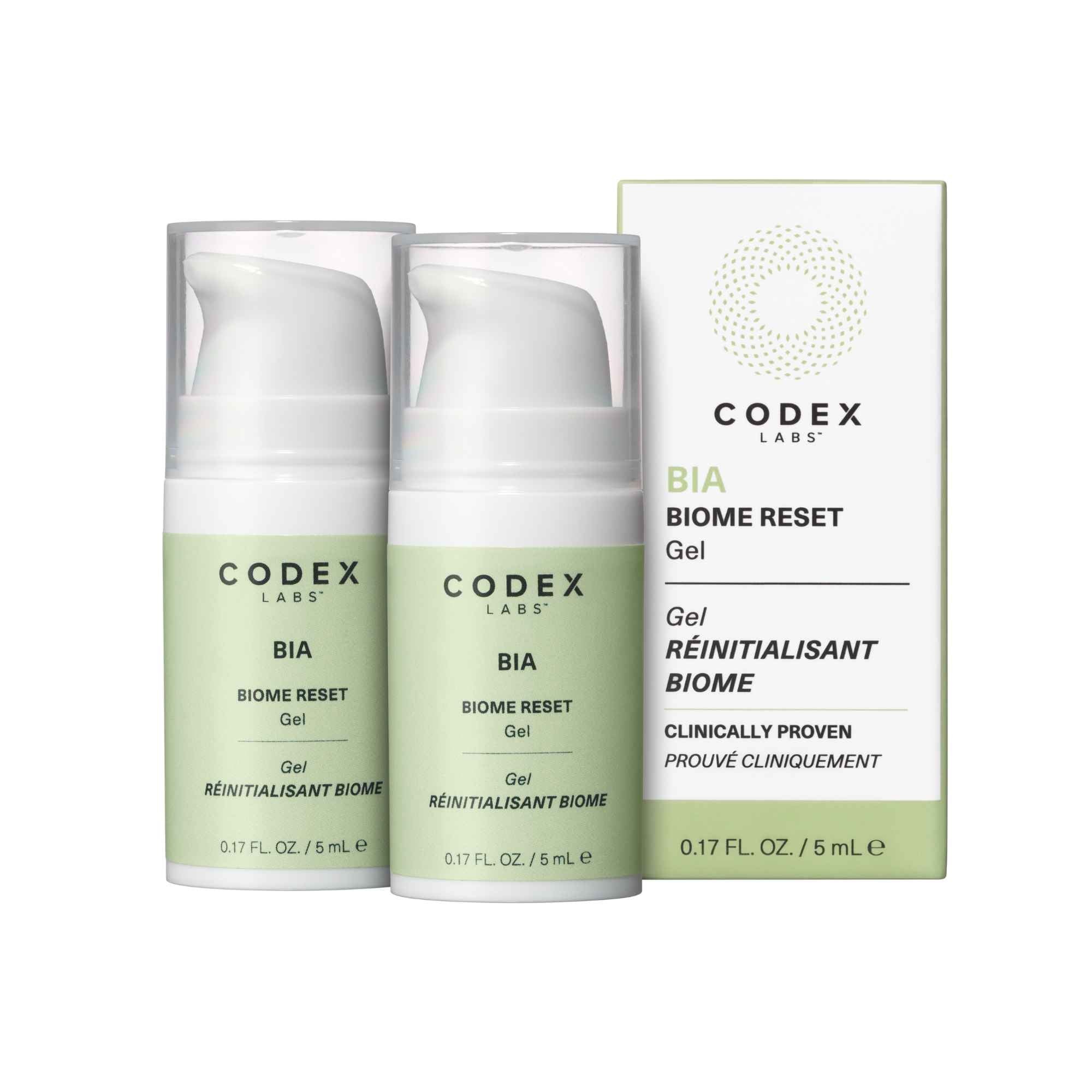 Two bottles of Codex Labs BIA Biome Reset Gel with their packaging on a white background.
