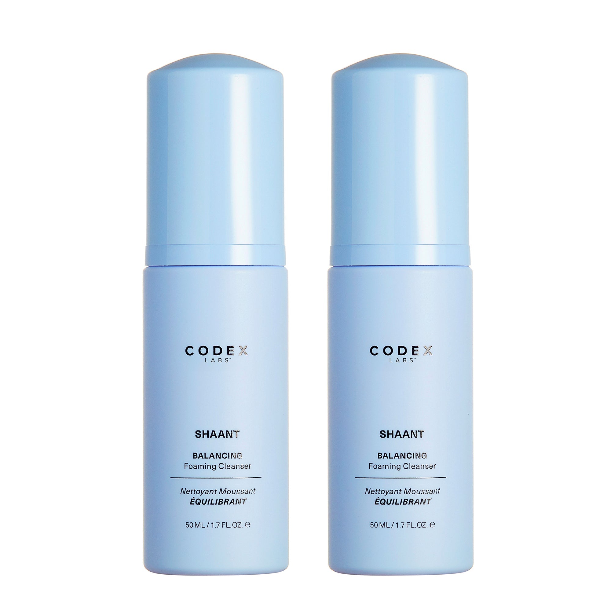 Two bottles of Codex Labs Shaant Balancing Foaming Cleanser on a white background