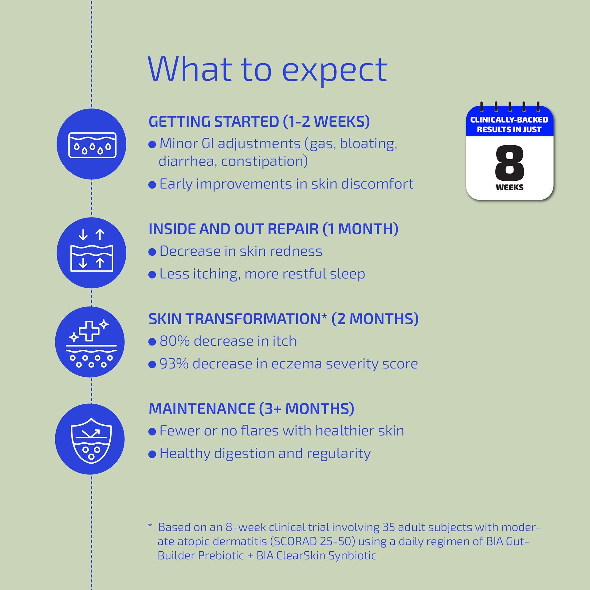 Infographic detailing the expected outcomes of a skincare or digestive health program with icons and text on a green background.