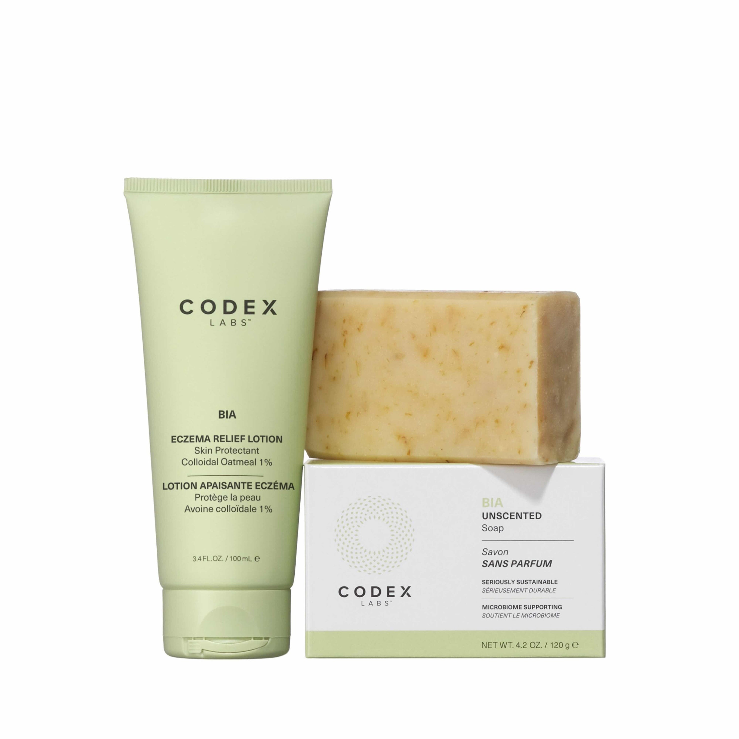 Image of eczema relief products by Codex Labs. Pictured are eczema relief soap and lotion.