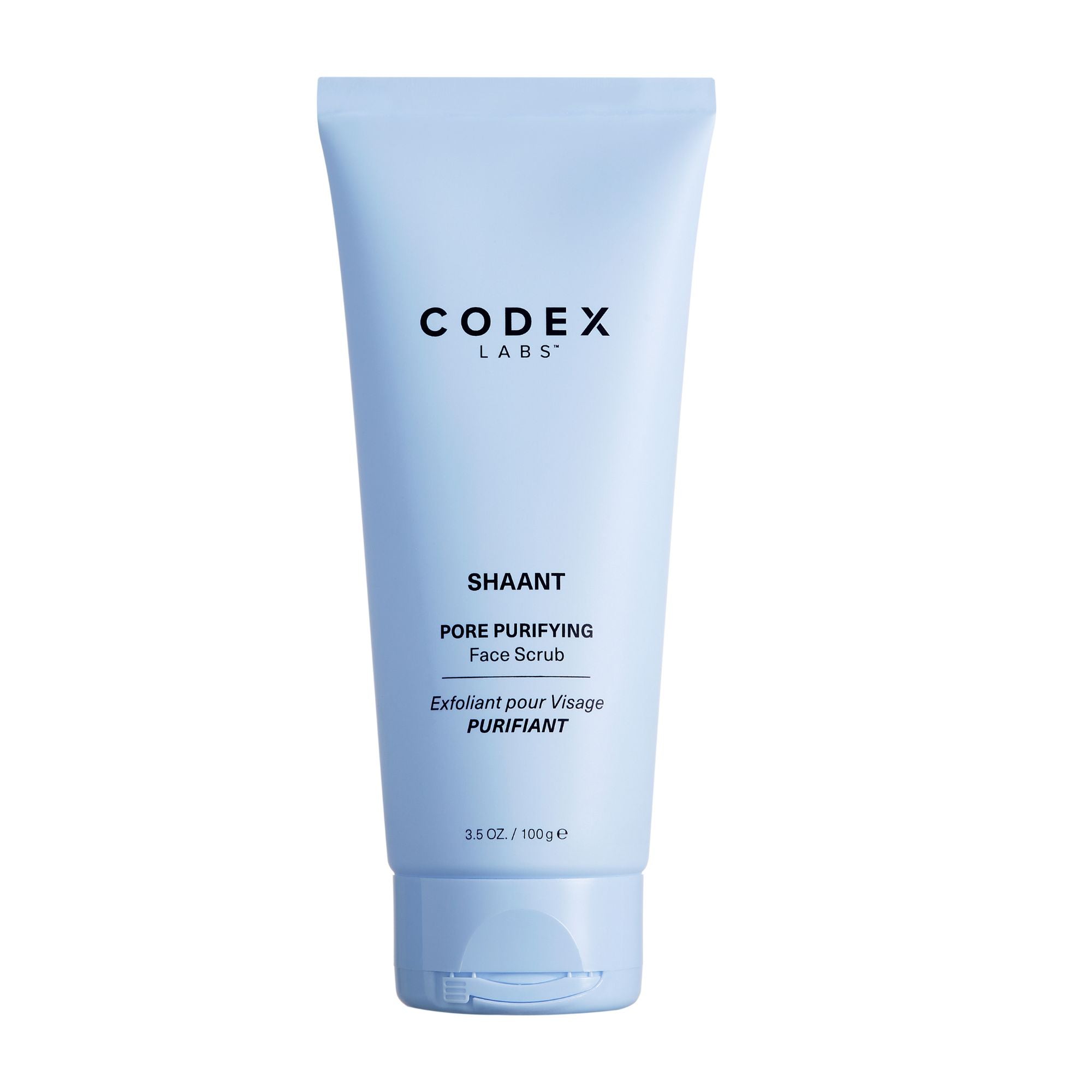 Blue tube of Codex Labs Shaant Pore Purifying Face Scrub on a white background